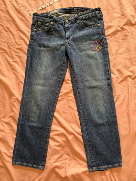 Ag Adriano Goldschmied Denim - Ag Adriano Goldschmied Medium Blue Skinny Jeans with Multicolor Peace Embroidery